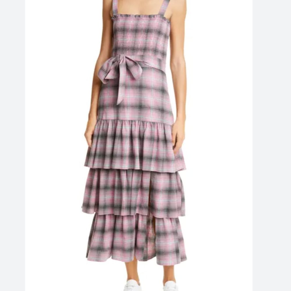 Pink Plaid Smock Bodice Drop Waist Midi / Maxi Ruffle Dress Size 0 - NWT